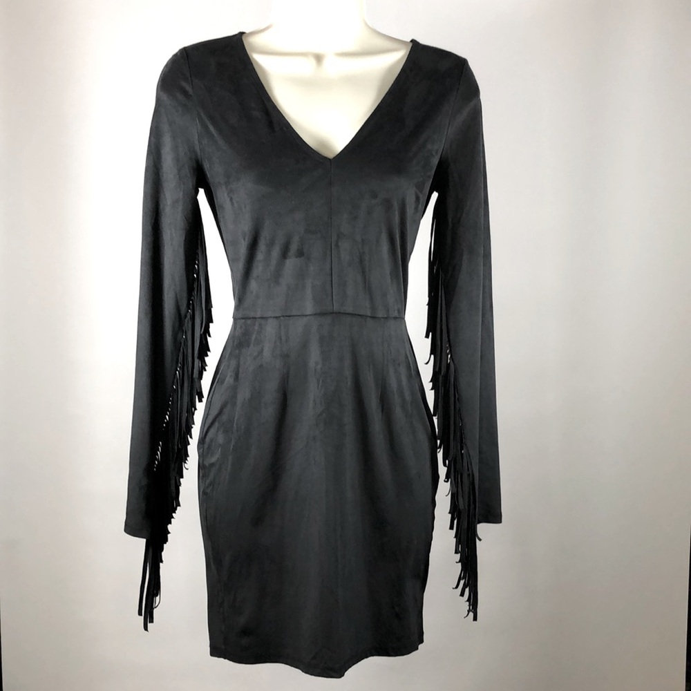 Material Girl Dress (Faux Suede LBD with Fringe Featured on Long Sleeves) Size S